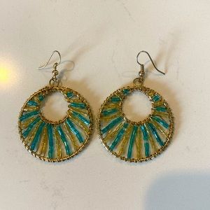 Teal and yellow beaded circle earrings - Handcrafted